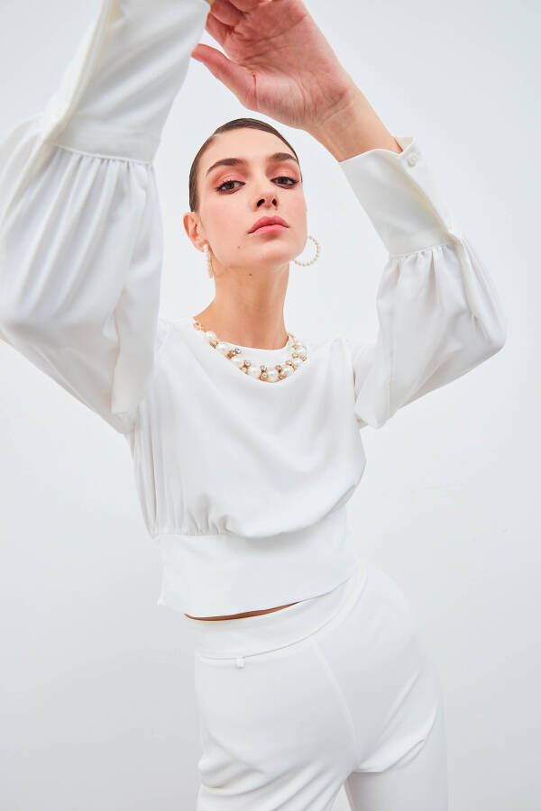 Cropped Blouse with Necklace Detail - Ecru - 5