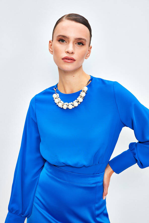 Cropped Blouse with Necklace Detail - SAX BLUE - 2