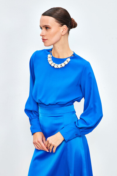 Cropped Blouse with Necklace Detail - SAX BLUE - 4