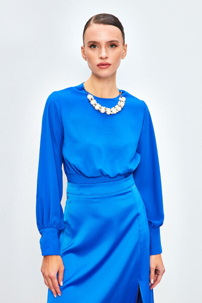 Cropped Blouse with Necklace Detail - SAX BLUE - 5