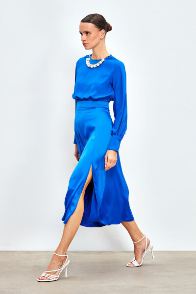 Cropped Blouse with Necklace Detail - SAX BLUE - 7