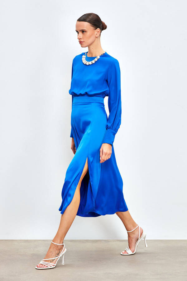 Cropped Blouse with Necklace Detail - SAX BLUE - 7