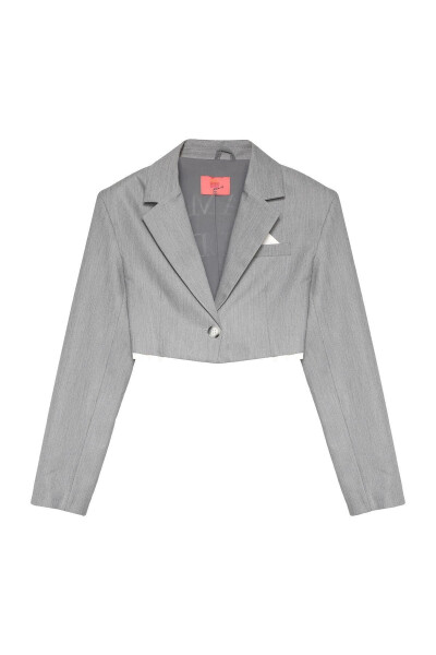 Cropped Jacket with Back Print and Fabric Trim Grey - 7