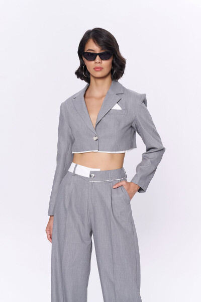 Cropped Jacket with Back Print and Fabric Trim Grey - 1