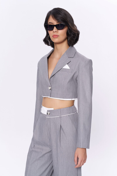 Cropped Jacket with Back Print and Fabric Trim Grey - 4