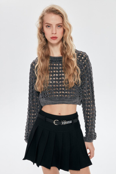 Cropped Knit Top with Lace Heart Anthracite - 1