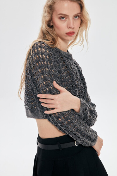 Cropped Knit Top with Lace Heart Anthracite - 3