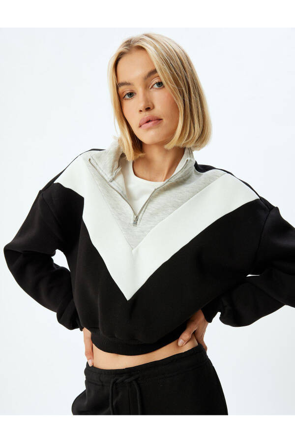 Cropped Sweatshirt Half Zip Color Block Stand Collar Three Thread Fleece - 12