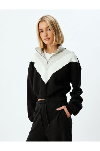 Cropped Sweatshirt Half Zip Color Block Stand Collar Three Thread Fleece - 14