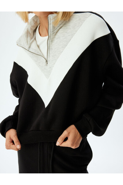 Cropped Sweatshirt Half Zip Color Block Stand Collar Three Thread Fleece - 16