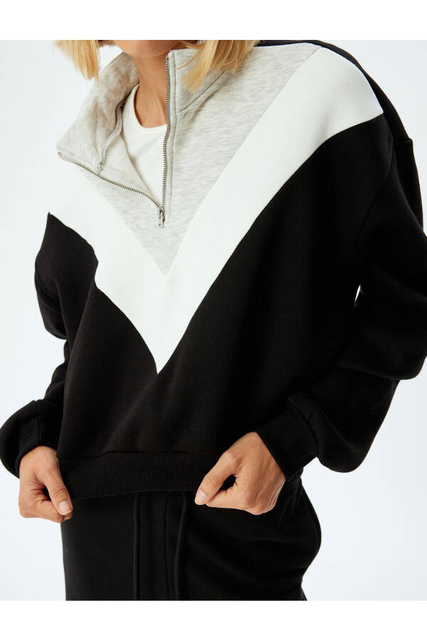 Cropped Sweatshirt Half Zip Color Block Stand Collar Three Thread Fleece - 10