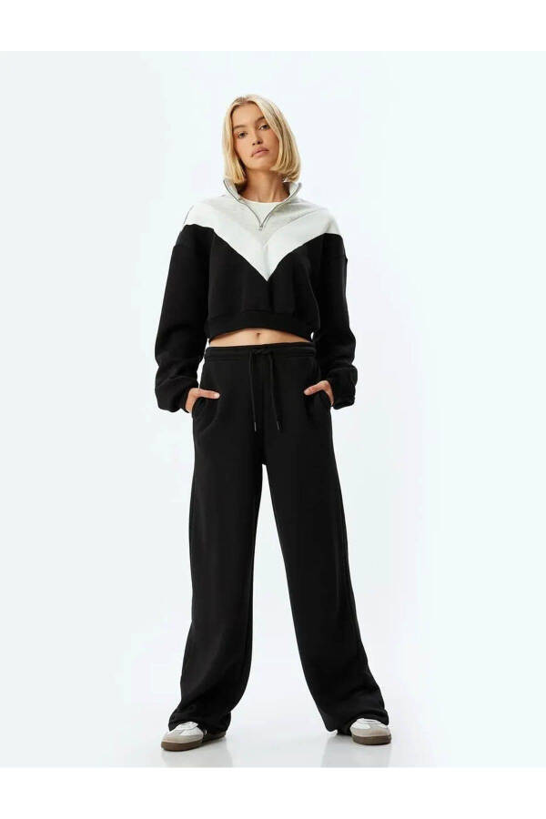 Cropped Sweatshirt Half Zip Color Block Stand Collar Three Thread Fleece - 2