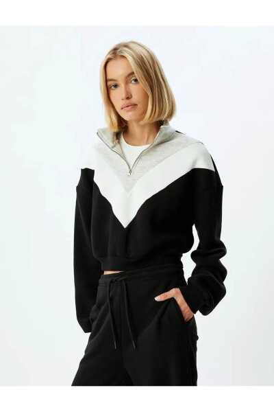 Cropped Sweatshirt Half Zip Color Block Stand Collar Three Thread Fleece - 3