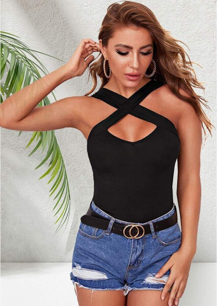 Cross-strap, plunging neckline scuba top - 1