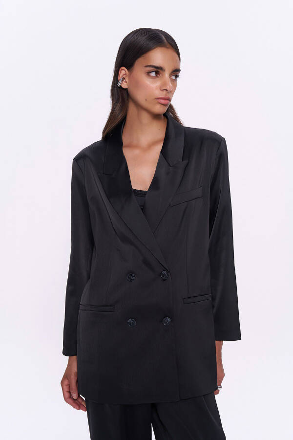 Crossover Satin Oversize Blazer Jacket Black - 4