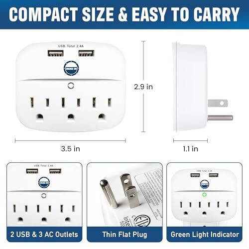 Cruise Approved Power Strip - Non Surge Protector for Cruise Ship with 2 USB Outlets - Cruise Ship Essentials for Carnival, Princess, Norwegian, Holland America, MSC & Major Cruise Lines (White) - 5