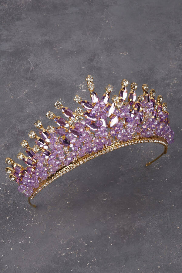 Crystal Stone Beaded Bridal Henna Wedding Crown Gold Lilac - 3