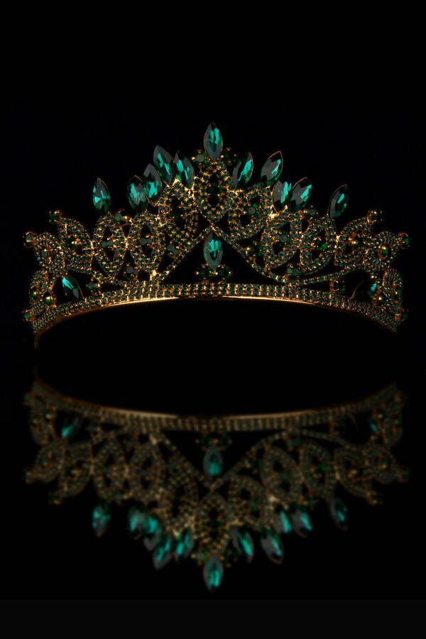 Crystal Stone Bridal Queen Crown Shiny Princess Crown Bride Wedding Crown Gold Green - 6