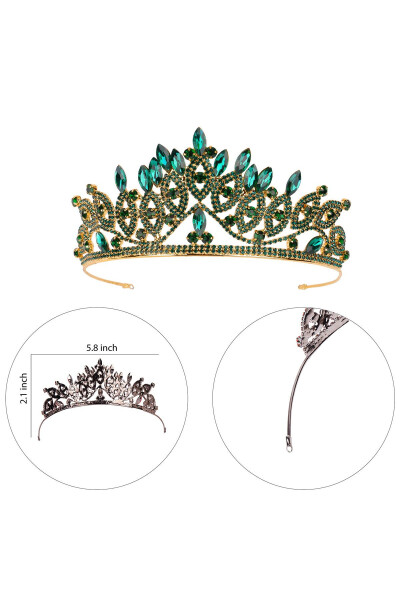 Crystal Stone Bridal Queen Crown Shiny Princess Crown Bride Wedding Crown Gold Green - 8