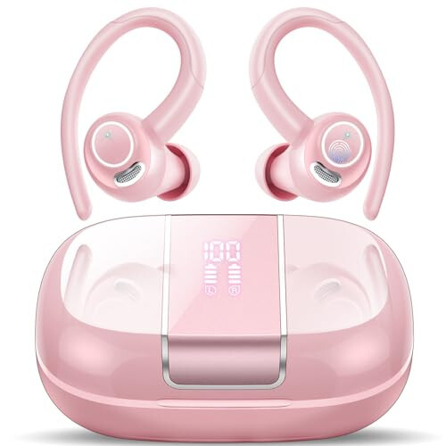 Csasan Headphones Wireless Earbuds Sport, Bluetooth 5.3 Over Ear Buds Stereo Deep Bass Headset with Earhooks, 48H Wireless Earphones with HD Mic, IP7 Waterproof Earbud for Sports/Running/Workout Pink - 1