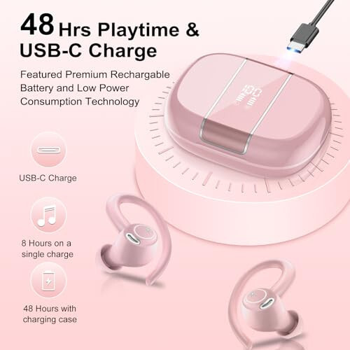 Csasan Headphones Wireless Earbuds Sport, Bluetooth 5.3 Over Ear Buds Stereo Deep Bass Headset with Earhooks, 48H Wireless Earphones with HD Mic, IP7 Waterproof Earbud for Sports/Running/Workout Pink - 4