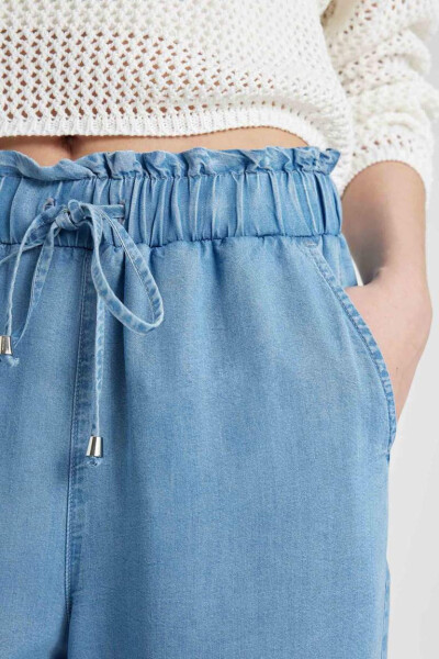 Culotte Yüksek Bel Kısa Geniş Paça Yırtmaçlı Jean Pantolon Mint Mavi - 1