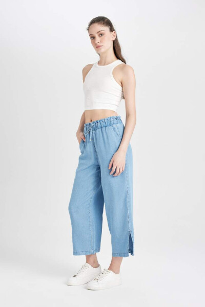 Culotte Yüksek Bel Kısa Geniş Paça Yırtmaçlı Jean Pantolon Mint Mavi - 4