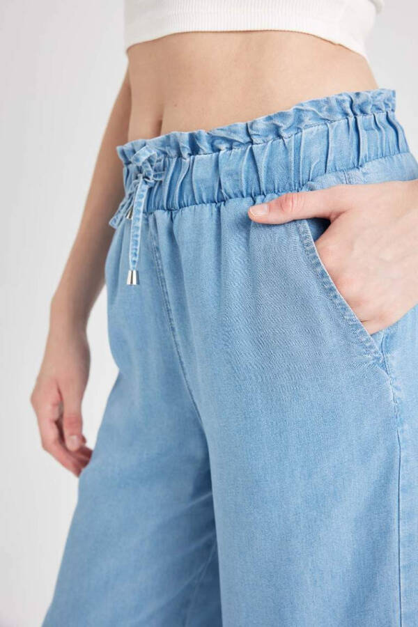 Culotte Yüksek Bel Kısa Geniş Paça Yırtmaçlı Jean Pantolon Mint Mavi - 6