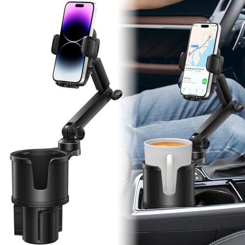 Cup Holder Phone Mount for Car with Expandable Base, 2-1 Universal Multi Cup Phone Holder Expander with Rubber for Drink Bottles, Mugs and Phone Fits All Cellphone - 2