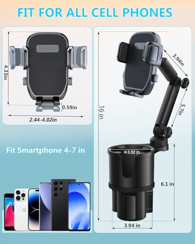 Cup Holder Phone Mount for Car with Expandable Base, 2-1 Universal Multi Cup Phone Holder Expander with Rubber for Drink Bottles, Mugs and Phone Fits All Cellphone - 4