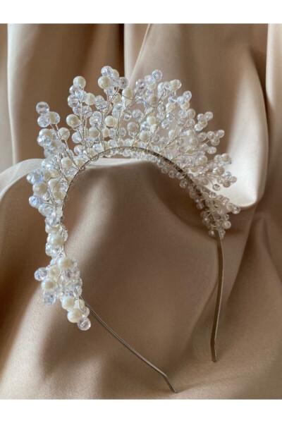 Custom Design Pearl and Crystal Beaded Bridal Crown - 1