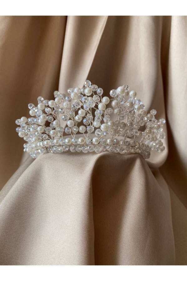 Custom Design Pearl and Crystal Beaded Bridal Crown - 3