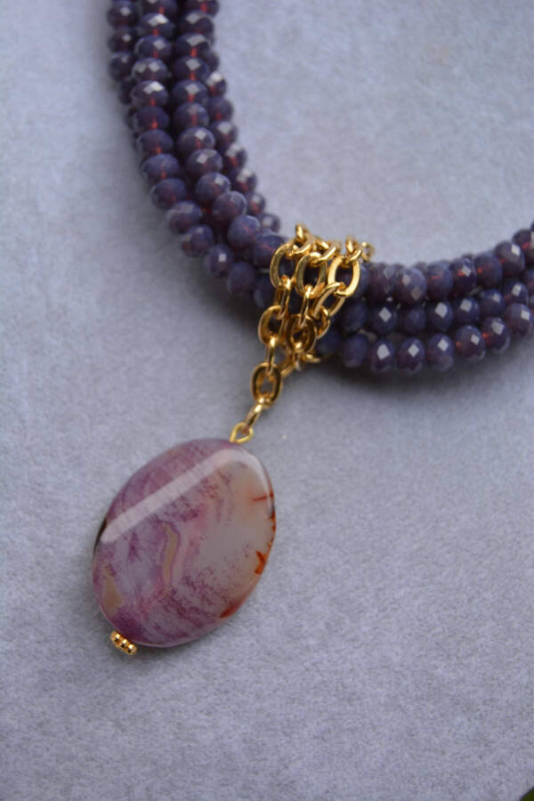 Custom Designed Necklace with Purple Crystal and Agate Stones - 1