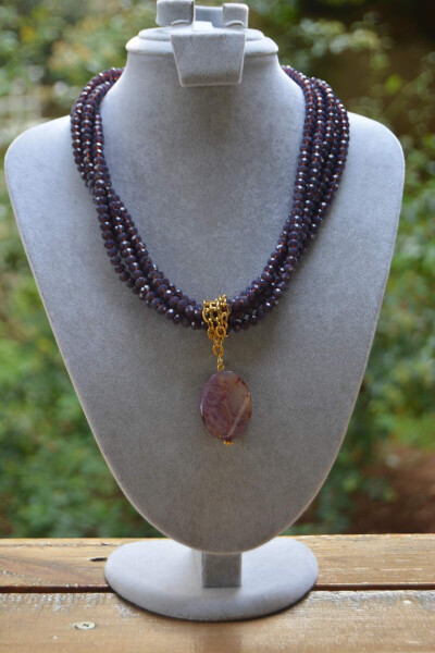 Custom Designed Necklace with Purple Crystal and Agate Stones - 8