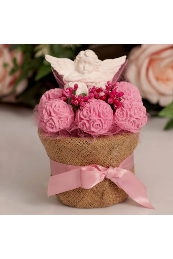 Custom Made Jute Pot with Angel Figurine, Pink Scented Stone Flower Arrangement Gift Birthday - 1