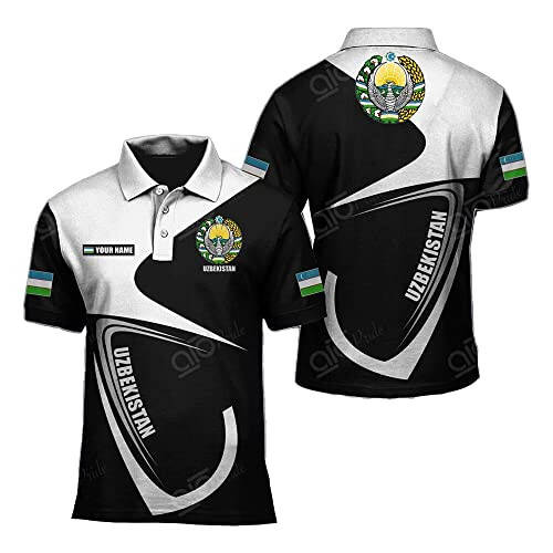 Customize Uzbekistan Coat of Arms & Flag Unisex Adult Polo Shirt, Mens Polo Shirts for Gifts, Short Sleeve Men's Shirt - 1