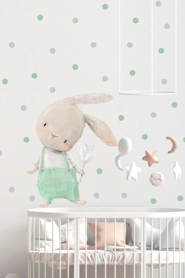 Cute Bunny with Green Jumpsuit and Polka Dots Kids Room Wall Sticker Set - Sim633 - 1