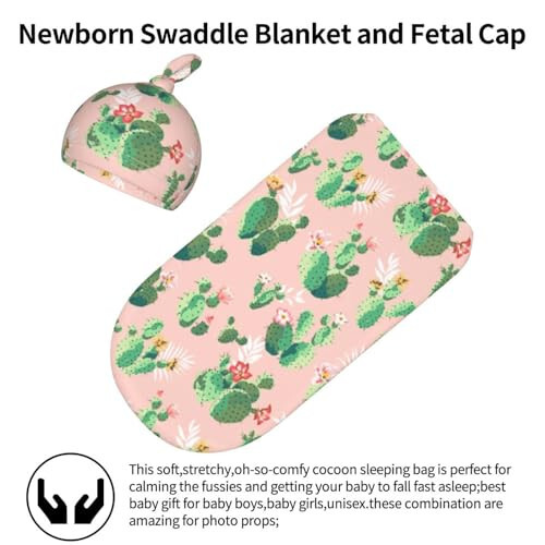 Cute Cactus Baby Stuff Swaddle Blanket Hat Set for Boys Girls, Soft and Stretchy Pink Newborn Sleeping Sack Receiving Blanket Shower Gift - 44