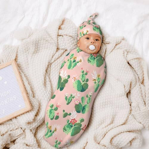 Cute Cactus Baby Stuff Swaddle Blanket Hat Set for Boys Girls, Soft and Stretchy Pink Newborn Sleeping Sack Receiving Blanket Shower Gift - 47