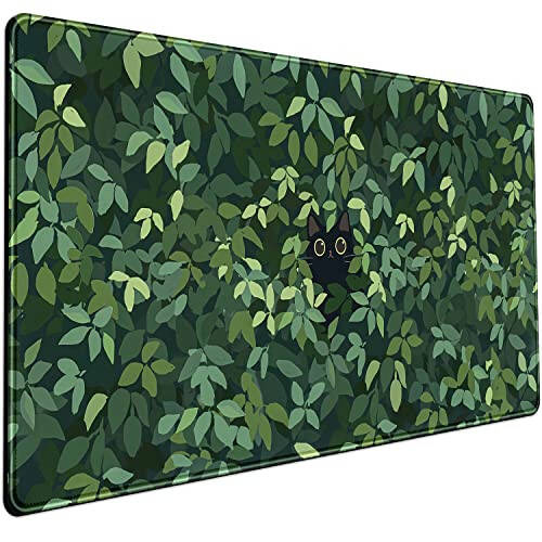 Cute Cat Mouse Desk Pad Kawaii Green Desk Mat Desk Decor Large Gaming Mouse Pad for Desk Mousepad Computer Office Keyboard Laptop Big Anime Mouse Pad XL(31.5x15.7 in)-with Non-Slip Base Stitched Edges - 1