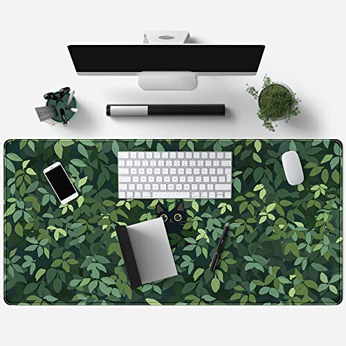 Cute Cat Mouse Desk Pad Kawaii Green Desk Mat Desk Decor Large Gaming Mouse Pad for Desk Mousepad Computer Office Keyboard Laptop Big Anime Mouse Pad XL(31.5x15.7 in)-with Non-Slip Base Stitched Edges - 4