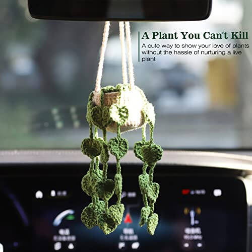 Cute Crochet Plant for Car Rear View Mirror, Boho Handmade Car Mirror Hanging Accessories for Women Girls, Green Car Interior Aesthetic Decor Truck Hanger Ornament Charm for Men - 2