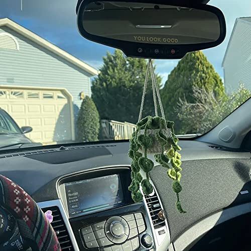 Cute Crochet Plant for Car Rear View Mirror, Boho Handmade Car Mirror Hanging Accessories for Women Girls, Green Car Interior Aesthetic Decor Truck Hanger Ornament Charm for Men - 6