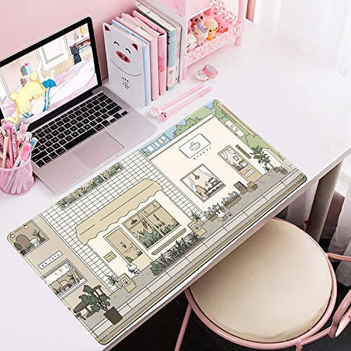 Cute Desk Mat Kawaii Mousepad Bunny and Bear Cute Anime Japanese Street Pastel Beige Brown and Green Mouse Pad, Extra Large Deskmat Cut Laptop Mouse Pads Decor - 5