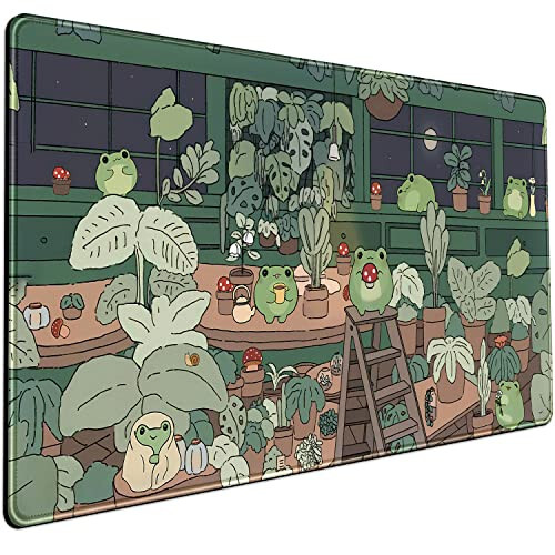 Cute Frog Mouse Pad Desk Pad Kawaii Green Desk Decor Mat, Large Gaming Mouse Pad for Desk Computer Keyboard Laptop, Desk Decor Home Office Accessories for Girl (31.5x15.7 in)-with Stitched Eges Pad - 1