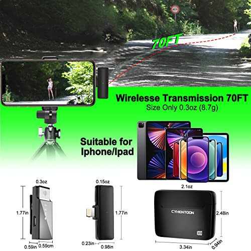 Cyhentoon Mini Simsiz Lavalie Mikrofoni iPhone iPad uchun, Ikki tomonlama Podkast Yoqa Mikrofoni Simsiz MIC Tizimi, Zaryadlash Qutisi LED Displey, Reverb, Video Yozuv uchun Shovqinni To'xtatish, Jonli Translyatsiya - 5