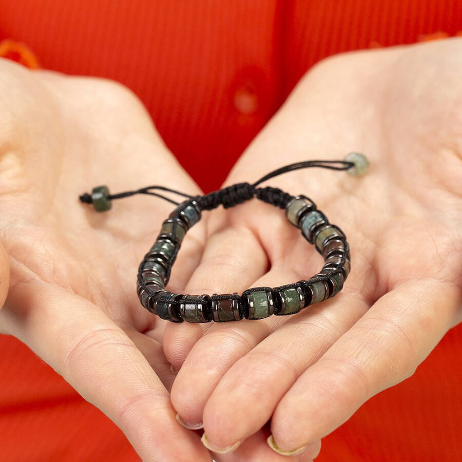 Cylinder Cut Macrame Braided Agate-Hematite Combined Natural Stone Women's Bracelet - 3