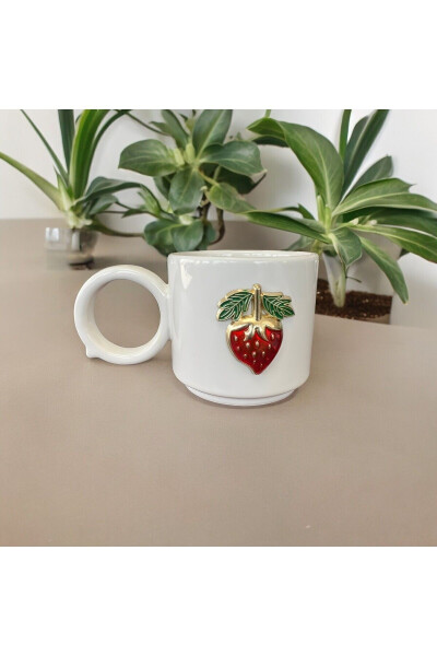 Cylinder Embossed Strawberry Ceramic Mug Double Coffee Cup - 1