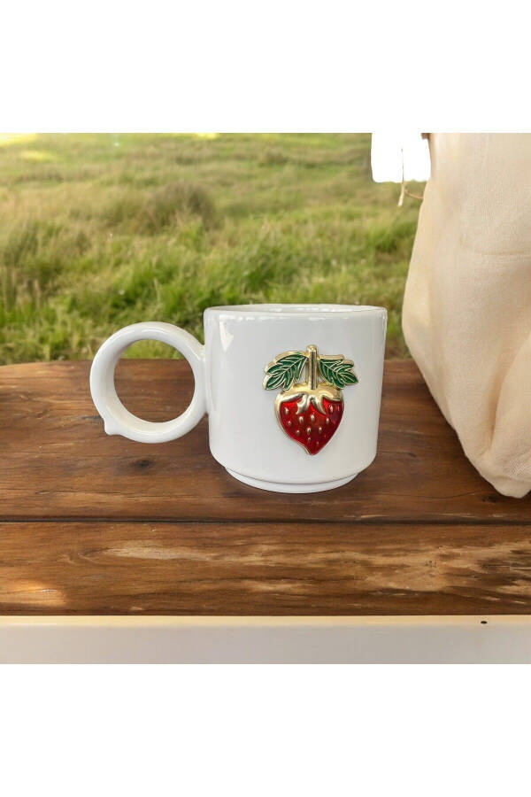 Cylinder Embossed Strawberry Ceramic Mug Double Coffee Cup - 3