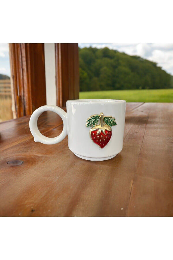 Cylinder Embossed Strawberry Ceramic Mug Double Coffee Cup - 4